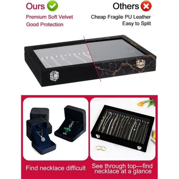 Necklace Organizer Jewelry Tray Velvet Display Box Dustproof Glass Lid Storage - Picture 4 of 7